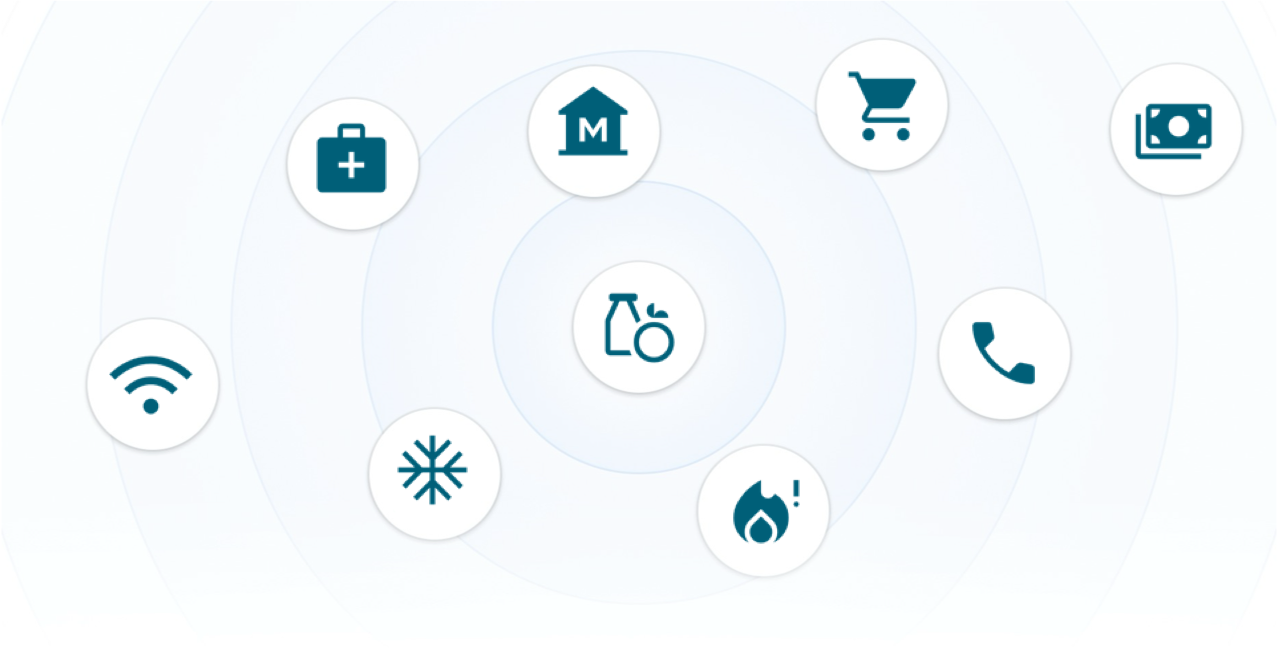 floating icons (health, food, utilities)